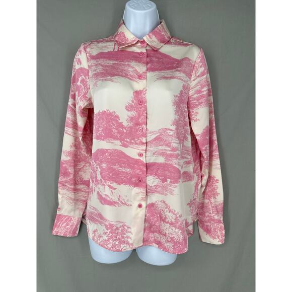 Cupcakes Cashmere Top Women XS Pink Floral Satin French Toile Cottagecore Button - Picture 1 of 7